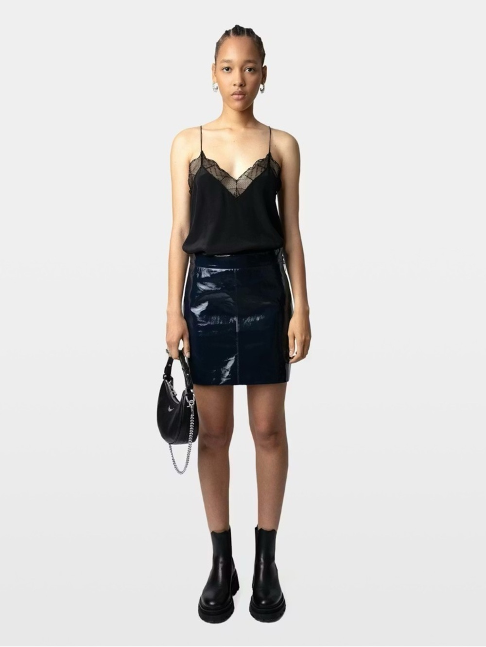 ZADIG & VOLTAIRE JINETTE VINYL MARINE BLUE LAMBSKIN LEATHER MOTO MINI SKIRT